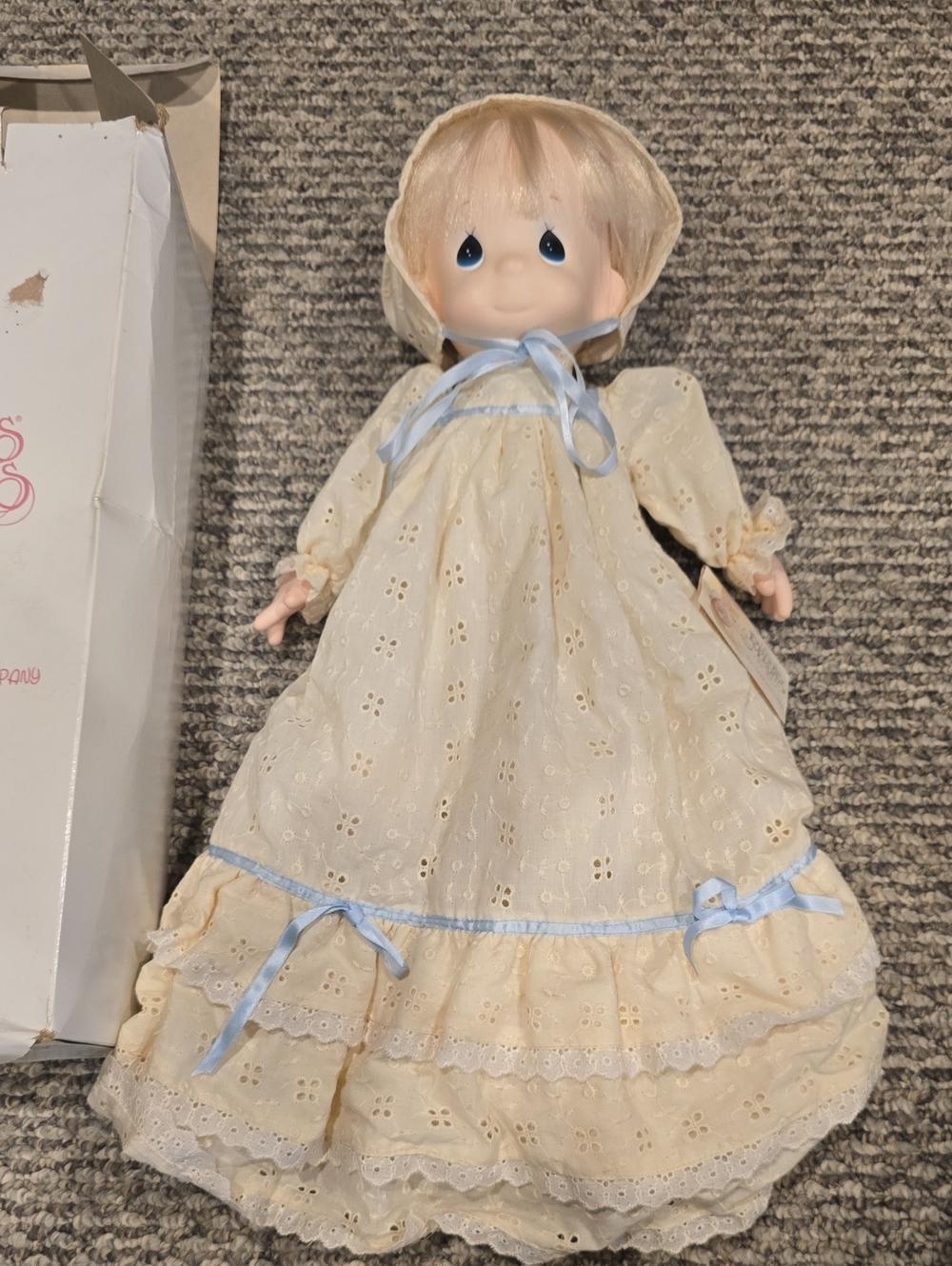 Precious Moments Cream Eyelet Doll Dress with Light Blue Ribbon Accents